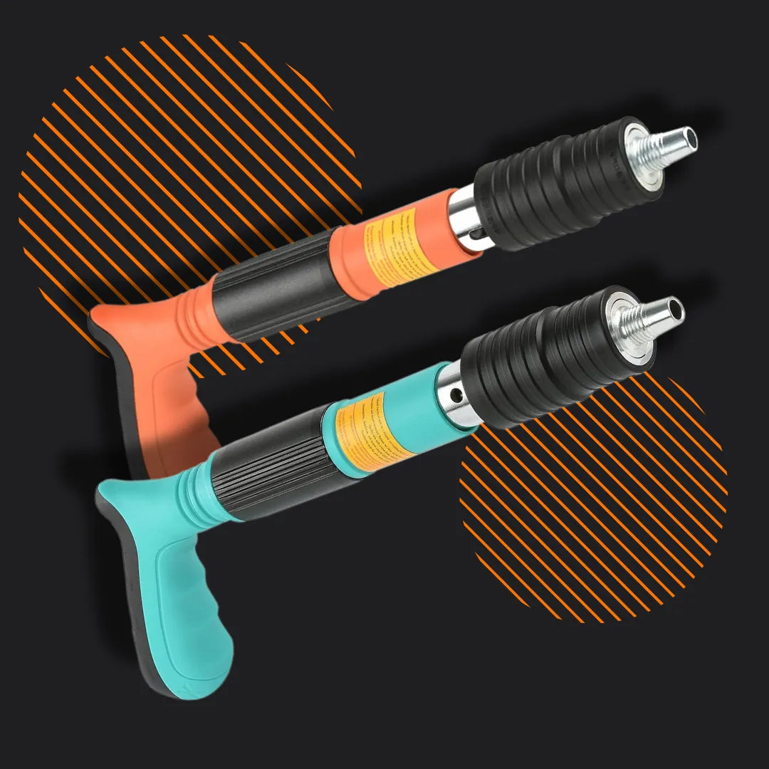 Two high-pressure water blasters with orange and teal handles on a black background