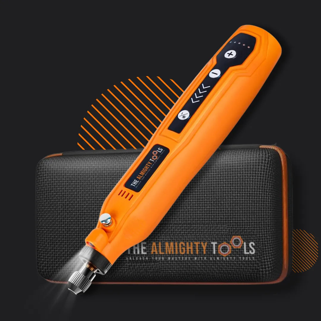 Orange cordless rotary tool with case, The Almighty Tools brand, on a dark background.