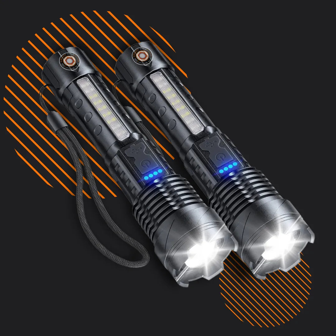 Two black LED tactical flashlights with wrist straps on a dark background, both powered on.