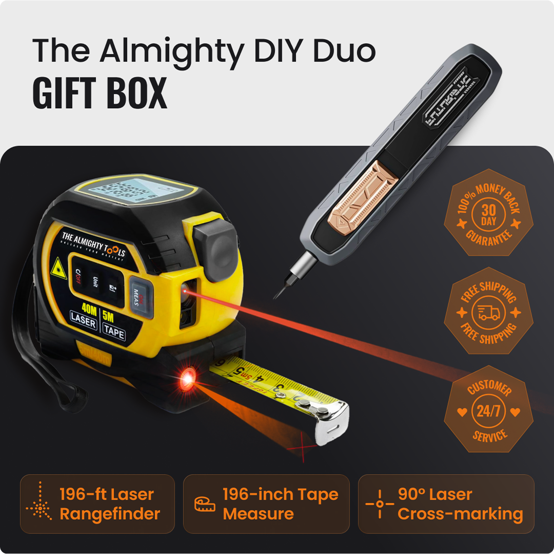Almighty DIY Duo Gift Box with yellow laser rangefinder, tape measure, and precision tool