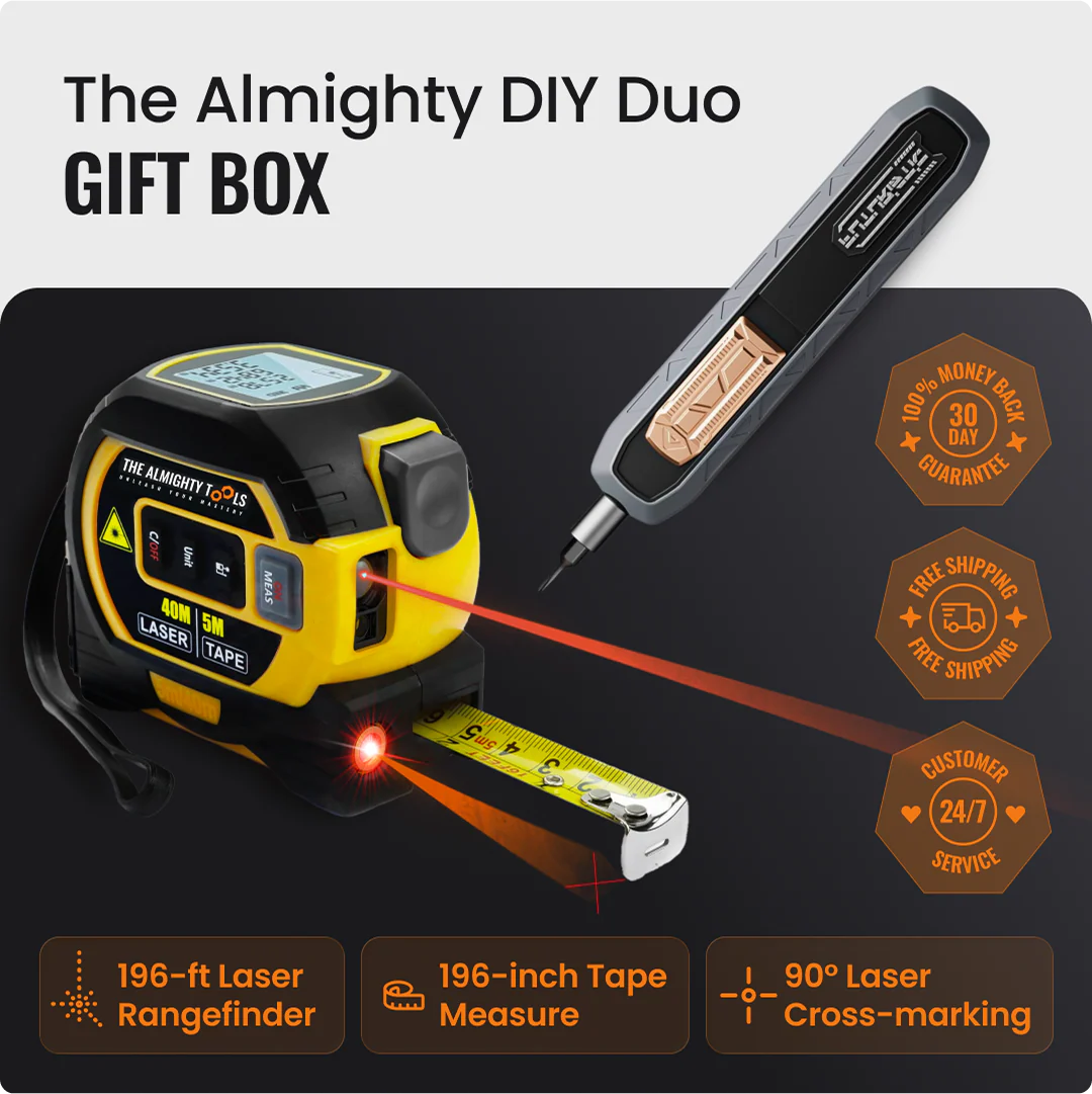 Almighty DIY Duo Gift Box with yellow laser rangefinder, tape measure, and precision tool