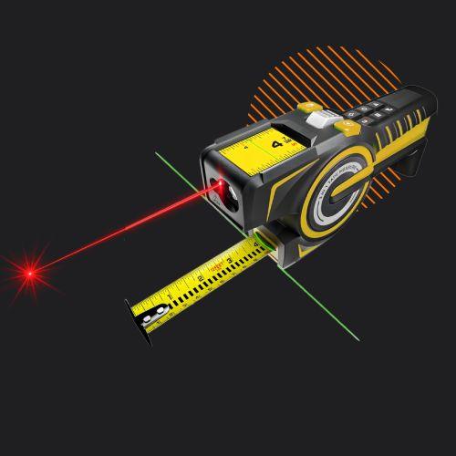Laser tape measure with digital display, emitting red and green laser lines, on black background.