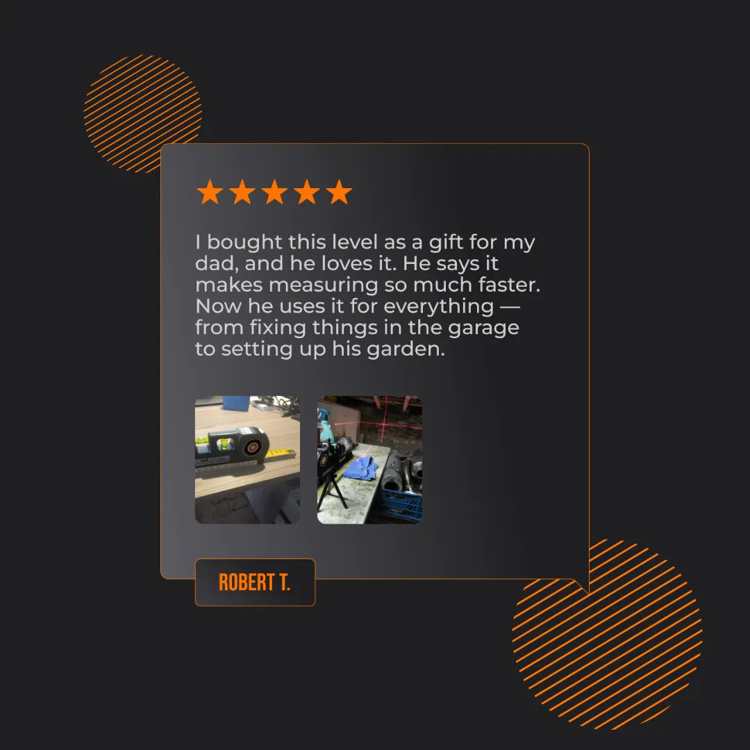 Customer review of digital level tool with star rating, product images, and testimonial