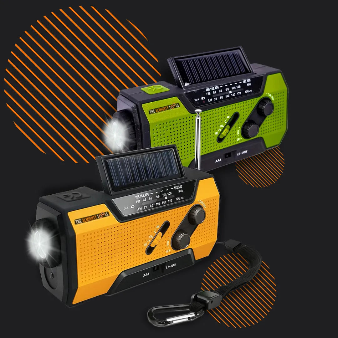 Solar powered emergency radios with flashlight, one yellow and one green, on black background