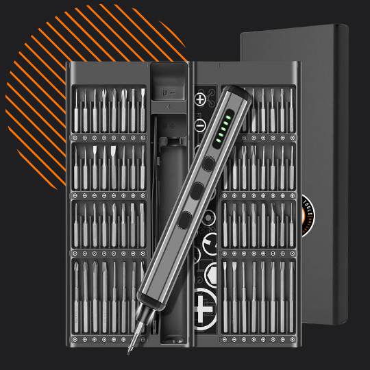 Precision electric screwdriver set with multiple bits in an open black case