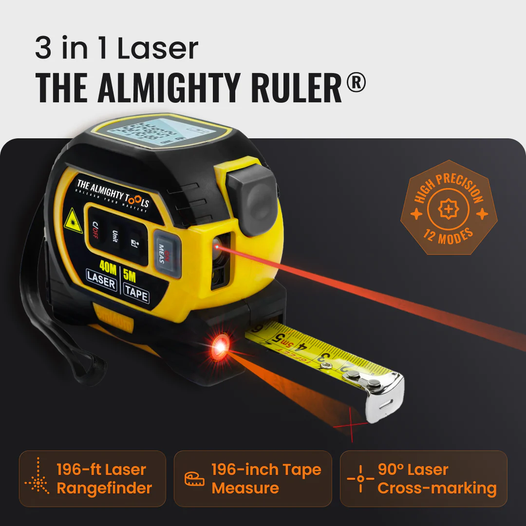 The Almighty Ruler 3-in-1 laser tape measure with digital display, laser rangefinder, and high precision cross-marking.
