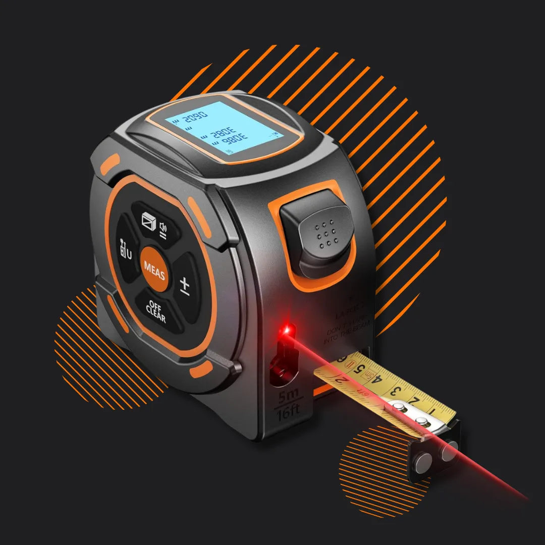 Digital laser tape measure with LED screen, buttons, and 5m tape on black background