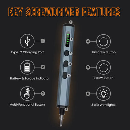 Precision electric screwdriver with labeled features, Type-C charging, battery indicator, LED lights