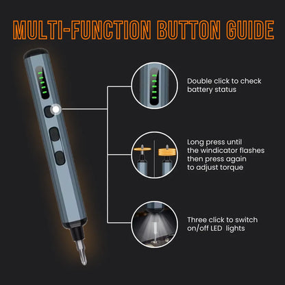 Precision electric screwdriver with LED light, battery indicator, and multi-function button guide
