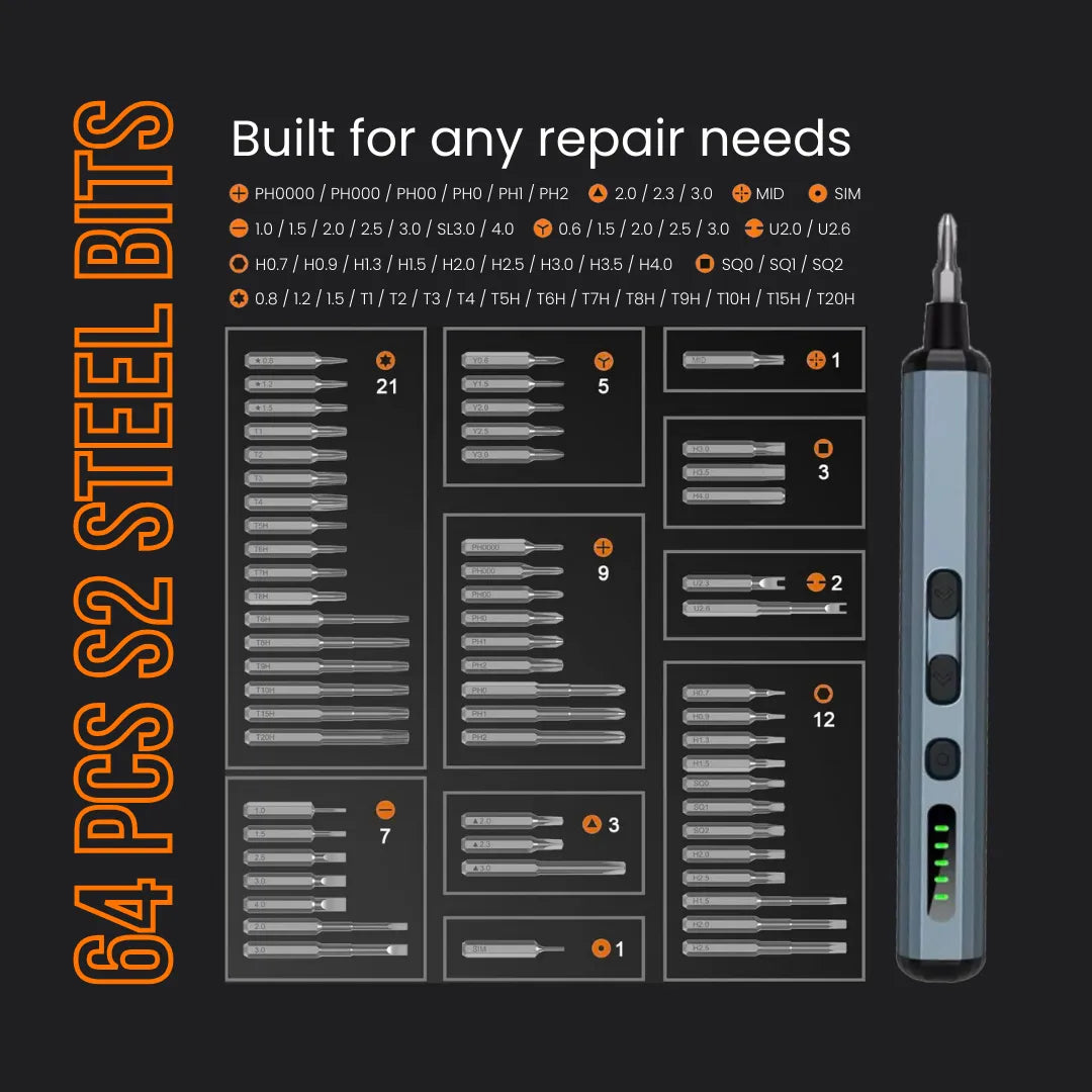 Precision electric screwdriver set with 64 S2 steel bits and labeled bit types on black background