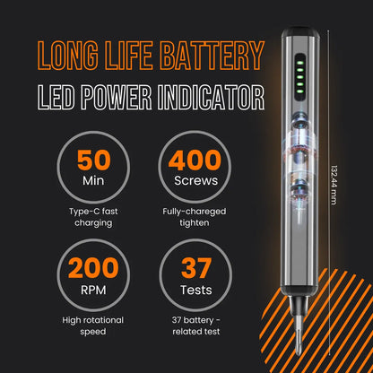 Precision electric screwdriver with LED power indicator, 50 min fast charging, 132.44mm length.