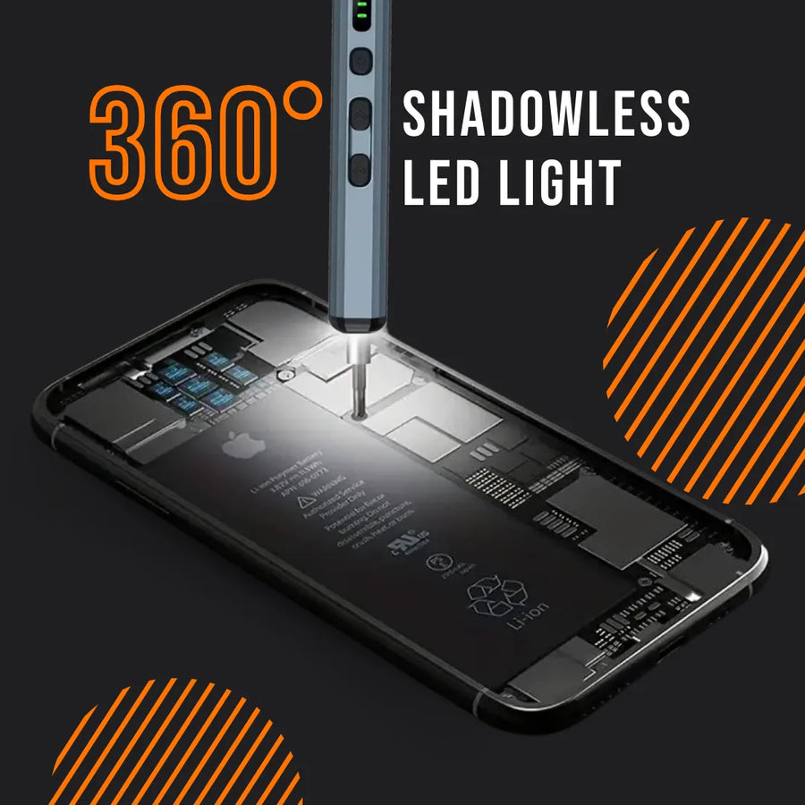 Precision electric screwdriver with 360° shadowless LED light repairing smartphone circuit.