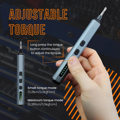Hand holding precision electric screwdriver with adjustable torque settings and LED indicator