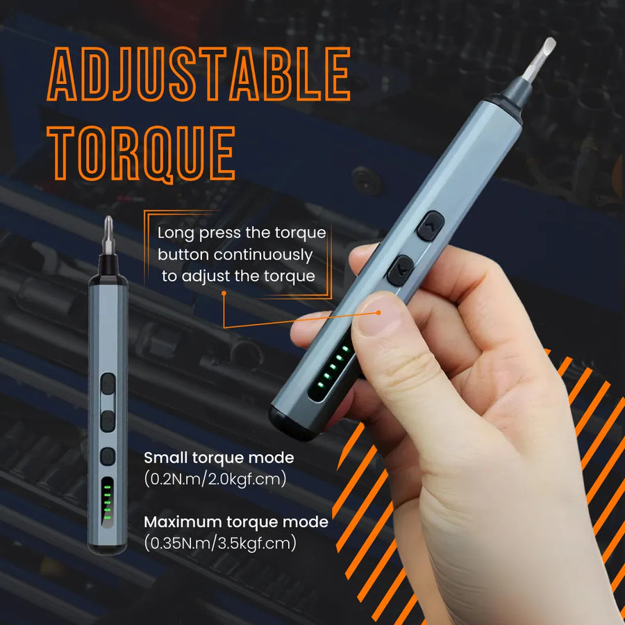 Hand holding precision electric screwdriver with adjustable torque settings and LED indicator
