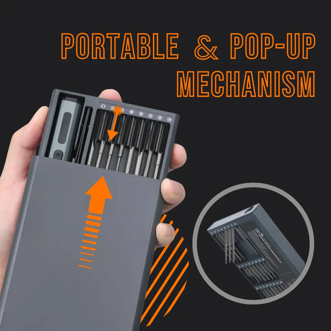Hand holding a portable precision electric screwdriver set with pop-up case mechanism.