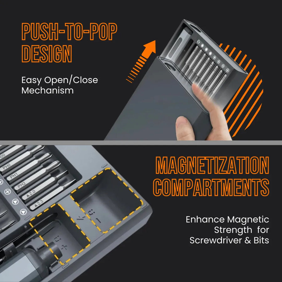 Precision electric screwdriver set with push-to-pop design and magnetization compartments