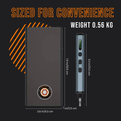 Precision electric screwdriver set with case, size and weight details on black background