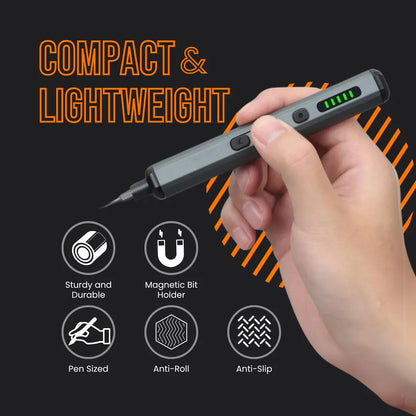 Hand holding a compact, lightweight precision electric screwdriver with battery indicator.