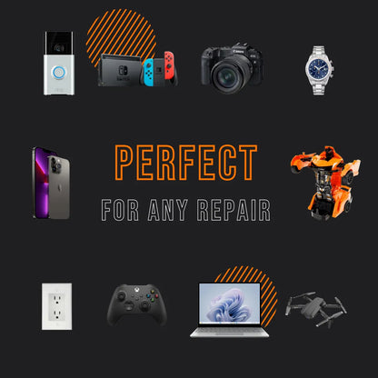 Various electronics and gadgets with text 'Perfect for any repair' on black background