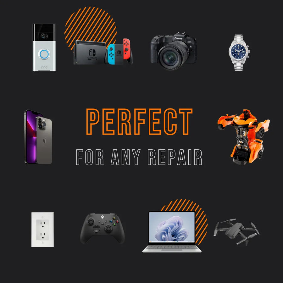 Various electronics and gadgets with text 'Perfect for any repair' on black background