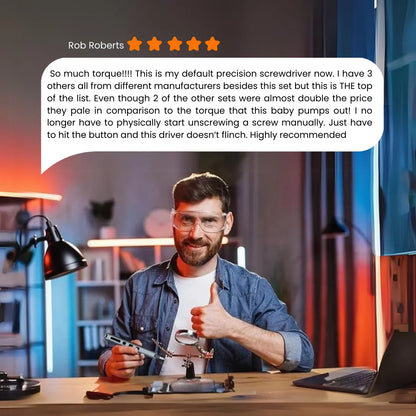 Man at workstation using precision electric screwdriver, giving thumbs up, review overlayed