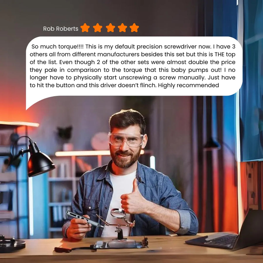 Man at workstation using precision electric screwdriver, giving thumbs up, review overlayed
