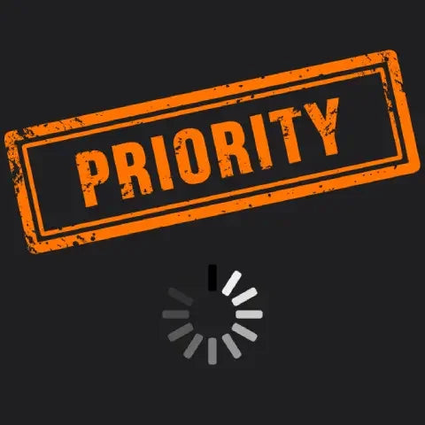 Orange priority stamp above loading icon on dark background, priority processing concept