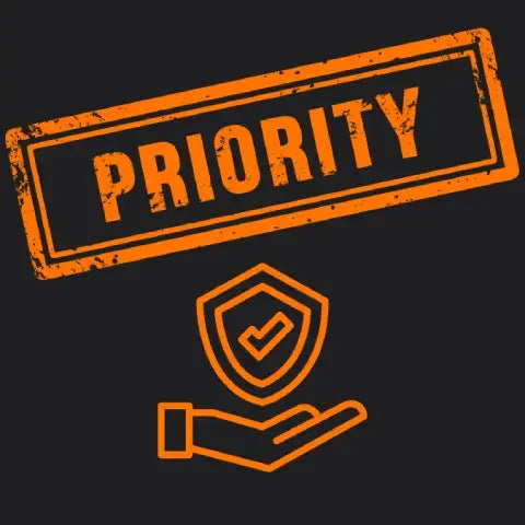 Priority processing stamp with insurance shield and hand icon on black background