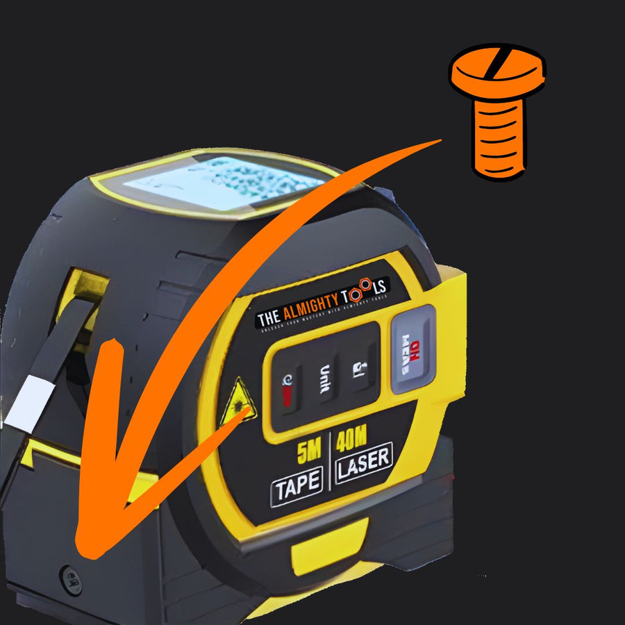 Replacement screw kit for The Almighty Ruler tape laser tool with orange screw graphic