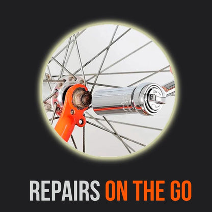 Socket wrench tightening bicycle wheel nut, repairs on the go, bike tool, maintenance