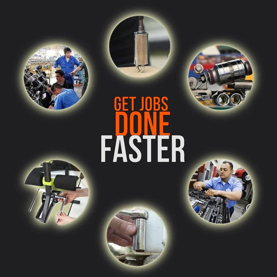 Collage of mechanics using tools with text 'Get jobs done faster' on black background.