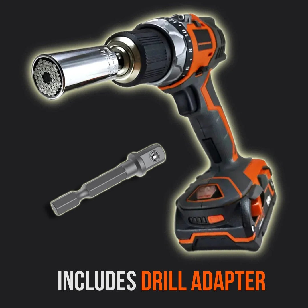 Cordless drill with universal socket adapter and included drill adapter on black background.