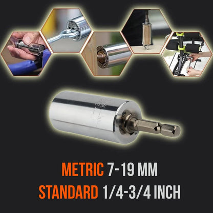 Universal socket tool with drill adapter, hex design, fits metric 7-19mm and standard 1/4-3/4 inch.
