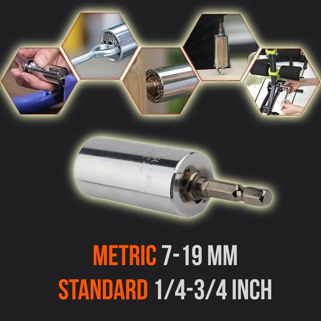 Universal socket tool with drill adapter, hex design, fits metric 7-19mm and standard 1/4-3/4 inch.