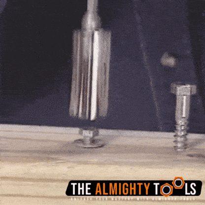 Universal socket tool unscrewing bolt from wood with The Almighty Tools logo visible
