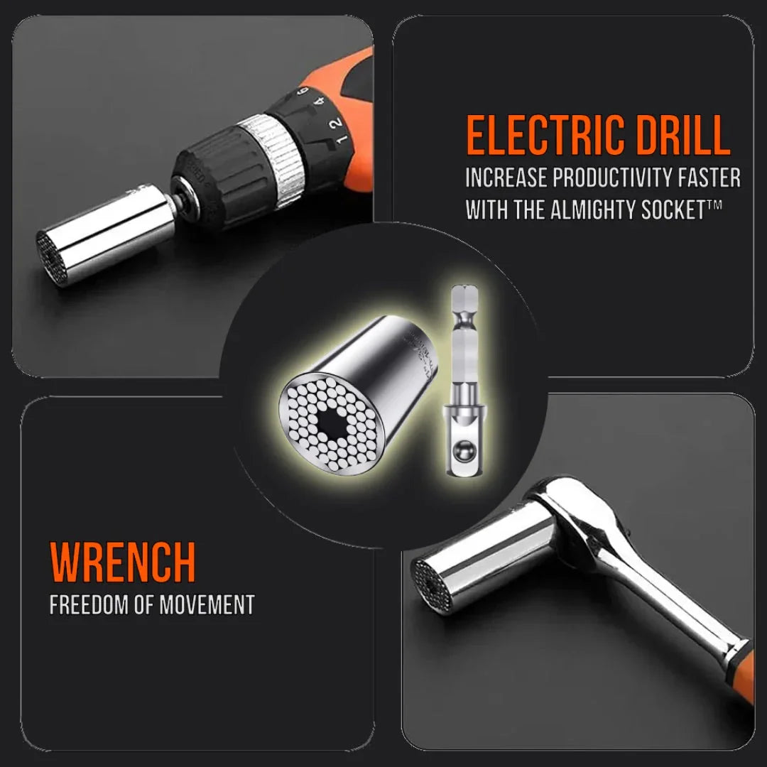 Universal socket adapter on electric drill and wrench, The Almighty Socket tool set