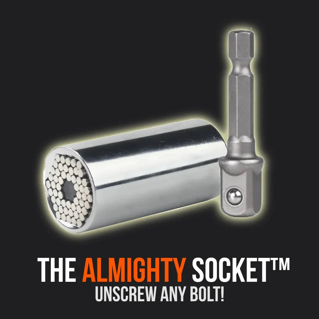 Universal socket tool and adapter with text 'The Almighty Socket Unscrew Any Bolt' on black background