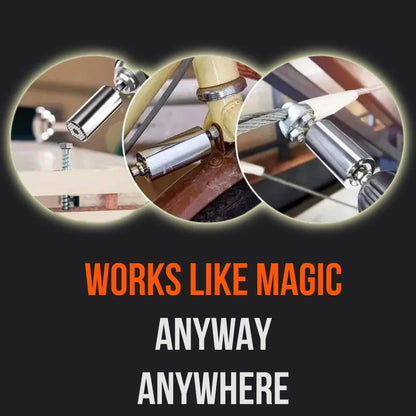 Universal socket tool attachment used on screws, bolts, bike repair, and cables with text 'Works like magic anyway anywhere'.