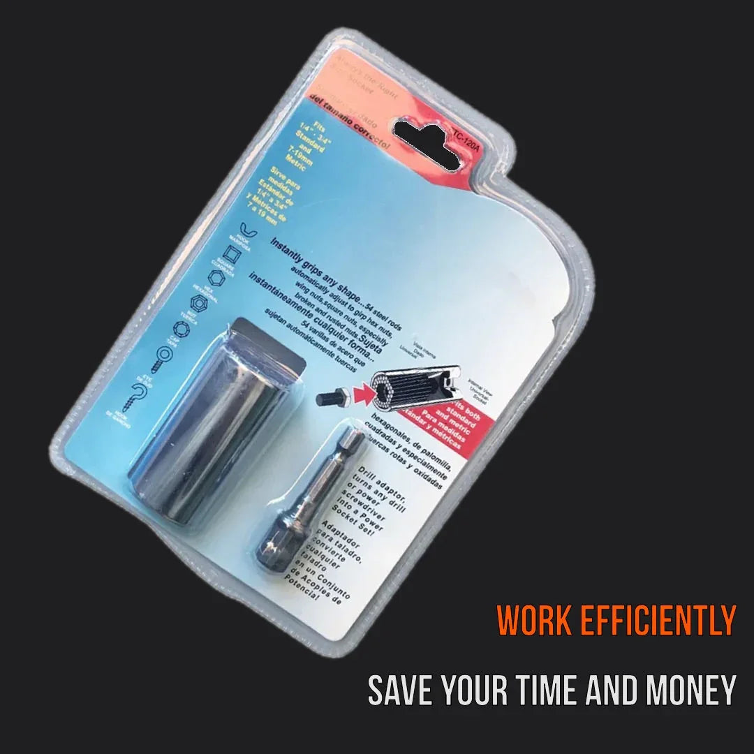 Universal socket tool set in retail packaging, with text 'Work Efficiently Save Your Time and Money'.