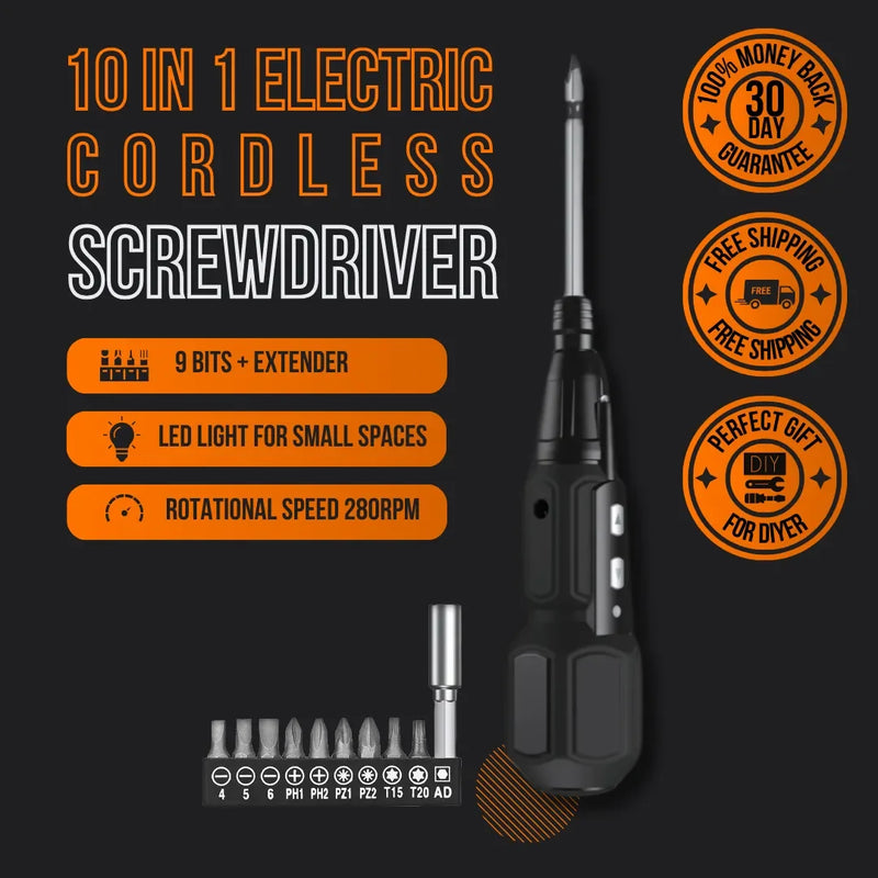 10 in 1 electric cordless screwdriver with bits, LED light, and DIY tool features.
