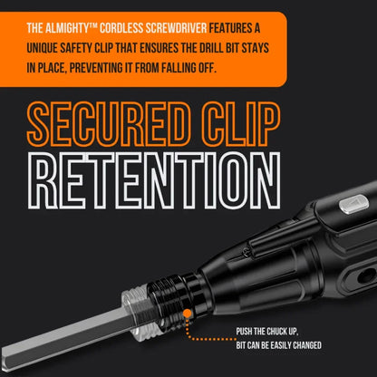 Cordless screwdriver with secured clip retention and easily changeable drill bit.