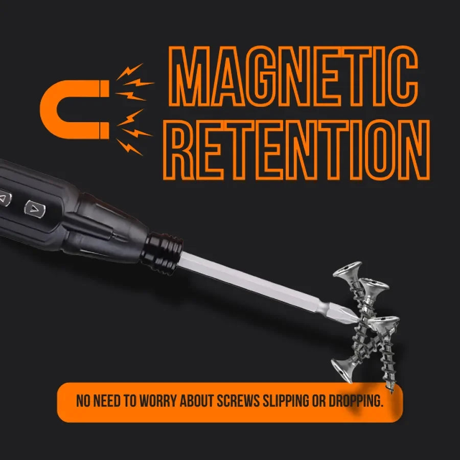 Cordless screwdriver with magnetic retention holding multiple screws, black background, bold orange text.