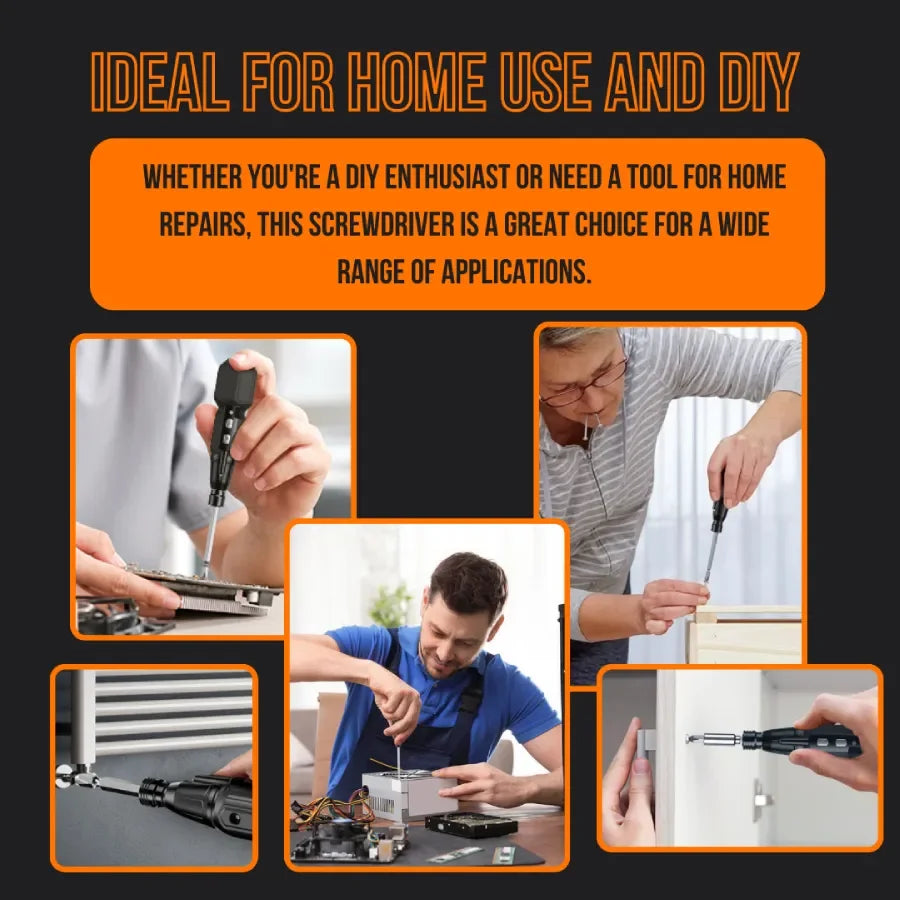 Collage of people using a cordless screwdriver for home DIY repairs and electronics work