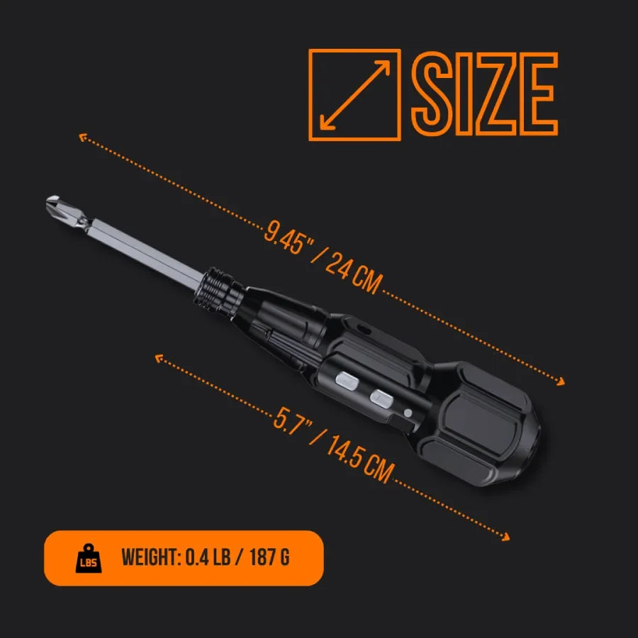 Cordless screwdriver with black handle, measurements 9.45 in x 5.7 in, weight 0.4 lb.