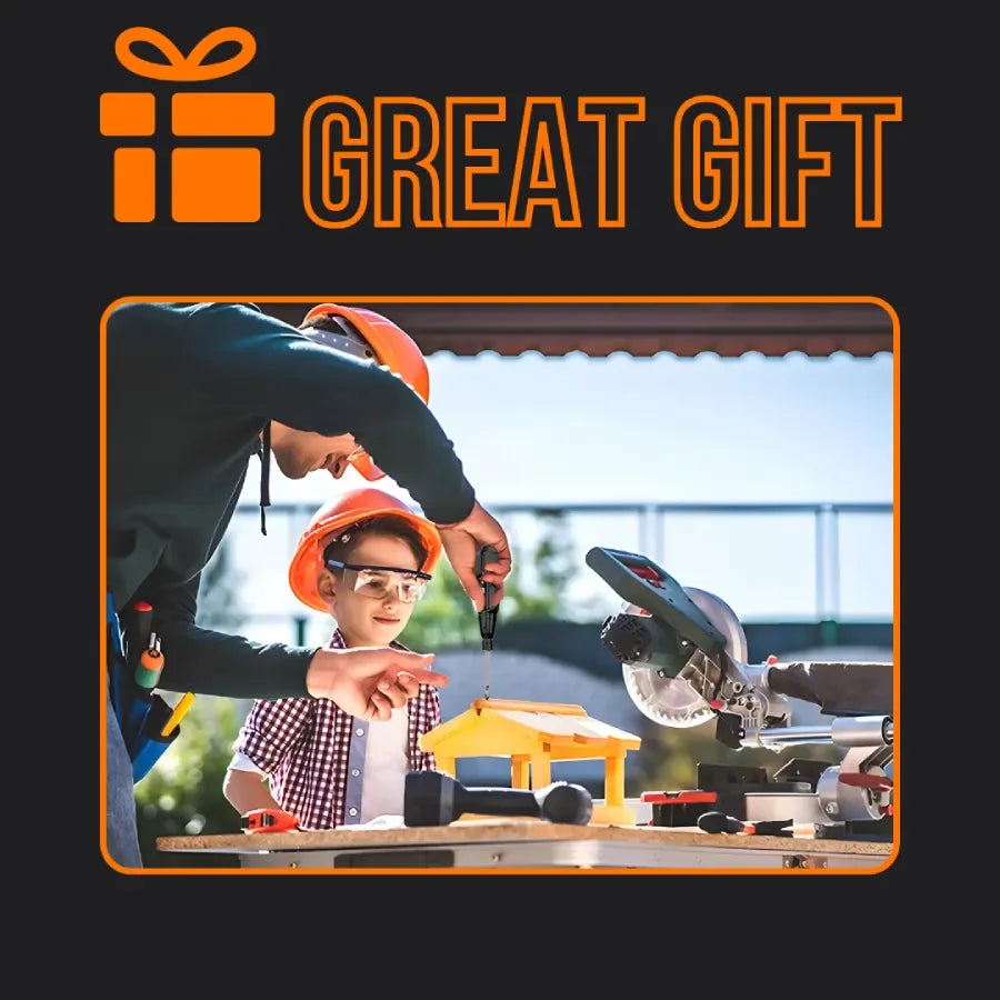 Father and child using a cordless screwdriver for woodworking gift outdoors