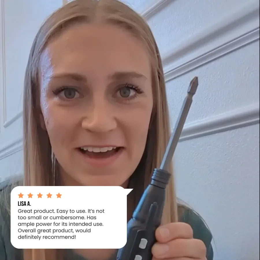 Woman holding cordless screwdriver with customer review, indoors, product close-up
