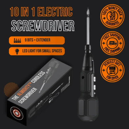 10 in 1 electric cordless screwdriver with LED light, 9 bits, black design and product box