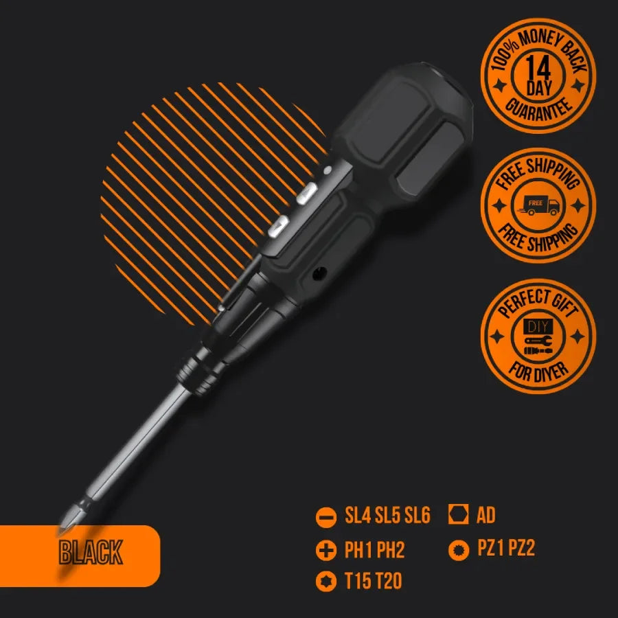 Black cordless screwdriver with multiple bits, DIY tool, free shipping, 14-day guarantee