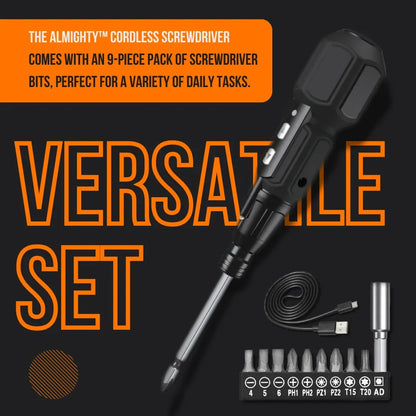 Cordless screwdriver set with 9 bits, USB cable, and adapter on black background.
