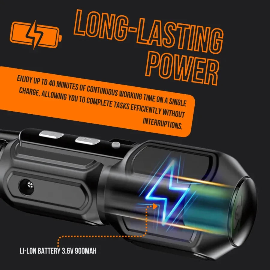 Cordless screwdriver with long-lasting 3.6V 900mAh Li-Ion battery and power icon